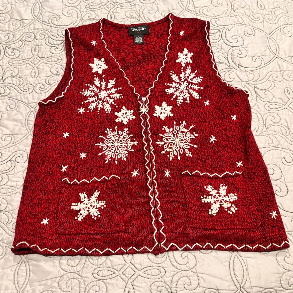 Designers Originals Studio Joy Red Snowflake Knit Sweater‎ Vest Zip Up Womens M